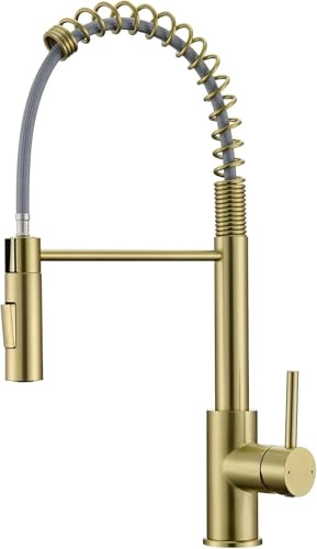 CECIPA Robinet Cuisine, Mitigeur de Cuisine avec Douchette, Pivotant à 360° à Arc Élevé en Acier Inoxydable Brossé Doré, Pulvérisateur Escamotable 2 Modes pour Evier