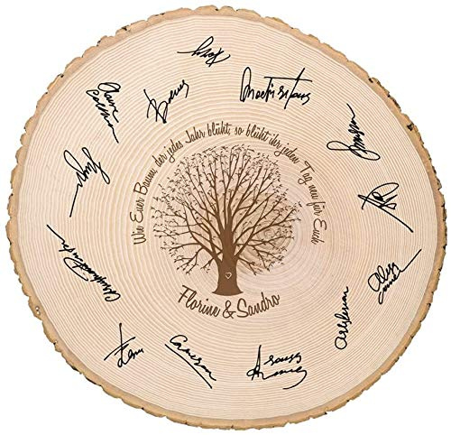 Casa Vivente Große Baumscheibe mit Gravur zur Hochzeit Personalisiert mit Namen, Wie Euer Baum, der jedes Jahr blüht, Türschild aus Holz, Gästebuch, Dekoration, Hochzeitsgeschenke für Brautpaar