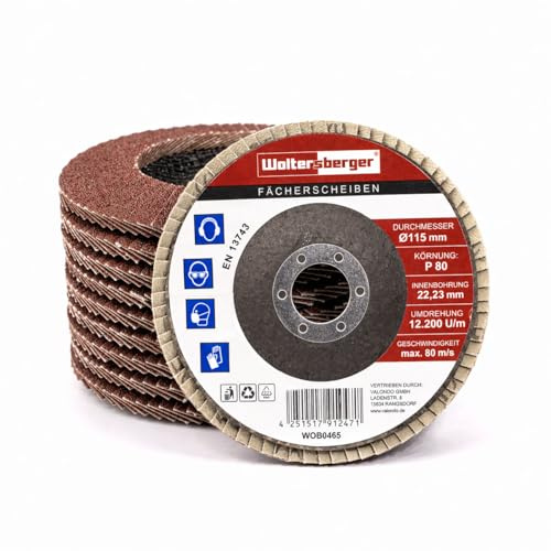 Woltersberger® Fächerscheiben | Ø 115mm | Korn 120 | 10 Stück | Braun für Metall & Holz Fächerschleifscheibe Schleifmop Lamellenscheiben Schleifscheiben