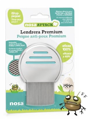 NOSA ATTACK Lendrera Premium 1 ud con Púas Doble Canaladas Peine Antipiojos para Piojos y Liendres Reutilizable para Uso con Cabello Húmedo Rutina Familiar Capilar en Casa y Viajes Diario Escolar Hoy