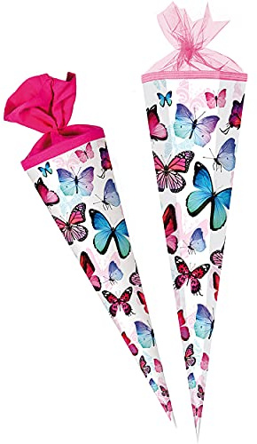 Schultüte - Schmetterling - bunt - 50 cm - rund - Tüllabschluß - Zuckertüte - mit/ohne Kunststoff Spitze - Nestler - Mädchen - Schmetterlinge rosa pink Tier..