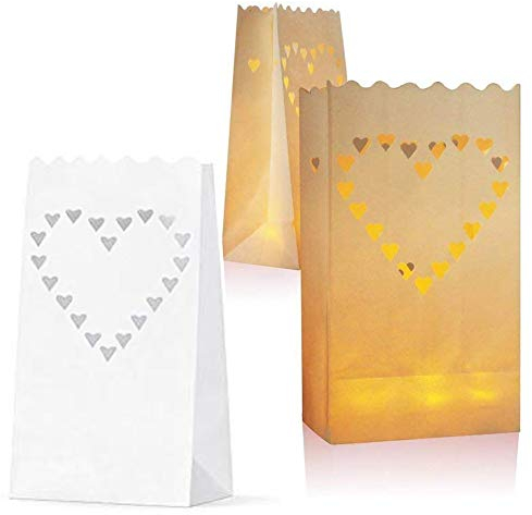 JAHEMU Candle Bags Paper Lantern Luminary Bags Tealight Tea Light Bags Flame Rsesistant Paper Bag for Christmas Wedding Party 20 Pieces (Heart-Shaped Design)
