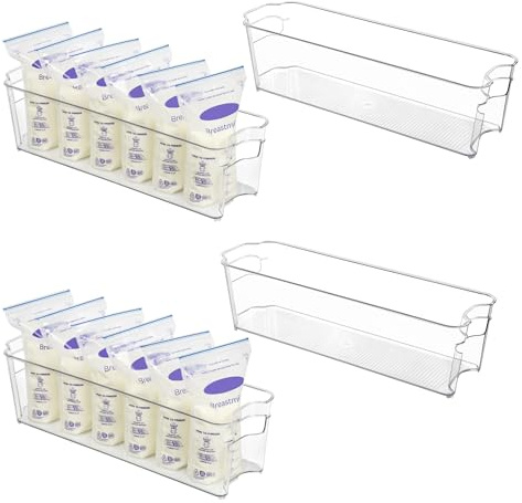 Kylskåpsförvaring, Vtopmart 4-pack smala klara plastförvaringsfack för mat med handtag för frys, skåp, kylskåp, kök skafferi organisation och förvaring, BPA-fri, 36,8 cm lång,