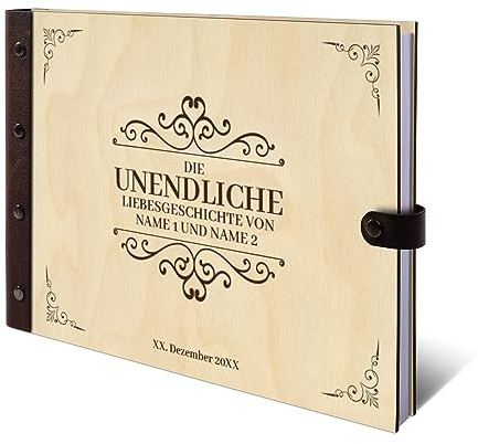 Personalisiertes Hochzeit Gästebuch echtes Holz DIN A4 Hochzeitsbuch mit Lasergravur - Liebesgeschichte - mit 72 Blatt / 144 Seiten Naturpapier Weiß