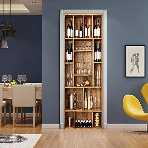 WJDJT Stickers 3D Porte Poster Cave À Vin Creative Bar Art Papier Peint Porte Trompe L'Oeil Pour Salon Chambre Décoration De La Maison Pvc Imperméable Amovibles Stickers Muraux 88X200Cm