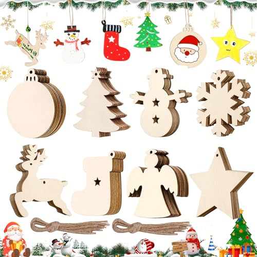 Dtoterul Weihnachtsbastelset 80 Stück Holzanhänger Weihnachten zum Bemalen Baumanhänger Holz Weihnachts Holzanhänger Weihnachtsdekoration Anhänger mit Schnur Christbaumschmuck