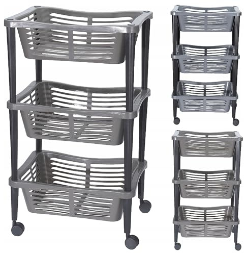 GEEZY 3 Tier Vegetable Trolley, Kitchen Trolley Basket On Wheels Fruit and Veg Kitchen Bathroom Children’s Room Office Movable Organiser Well Ventilated Basket Household Storage Rack