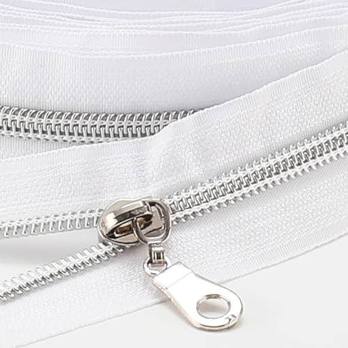 Sawoake 9m Bulk Zipper, (#5) Reißverschlüsse zum Nähen, White Nylon Coil Zipper mit Silver zähnen, Ersatz Nähreißverschluss mit 10PCS Reißverschluss Sliders(#5 White Silver)