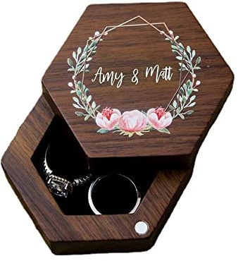WANLIAN Ringbox aus Holz in sechseckiger Form, transparent, Ringhalter, Verlobungsantrag, Hochzeit, Zeremonie, Ringträger (braun)