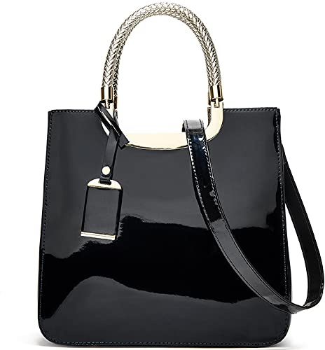 ZiMing Borse con Manico Superiore per Le Donne Borse in Pelle Verniciata Lucida Cartella Quadrata Borse da Sera Eleganti con Cerniera Borsa a Tracolla a Spalla-Nero