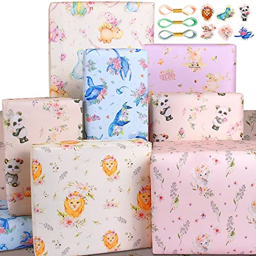 Presentpapper baby pojke baby flicka presentpapper födelsedag barn, djur presentpapper födelse och rosa blått lejon panda enhörning dino elefant, ekologiskt packpapper presentpapper set för baby
