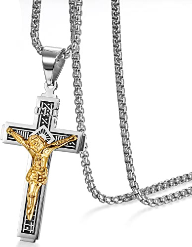 JewelryWe Schmuck Herren Anhänger Halskette Edelstahl großer katholischer Jesus Christus INRI Kruzifix Kreuz Anhänger mit 55cm Venezianer Kette Silber/Gold
