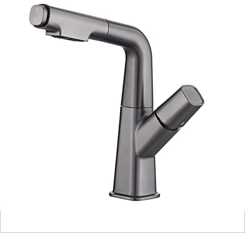 Badarmatur mit ausziehbarer Brause, Hebetyp Waschbeckenarmatur 360 ° drehbarer Messing-Waschtischmischer Warmwasser- und Kaltwasser-Waschtischarmatur für einfaches Haarewaschen, metallgrau