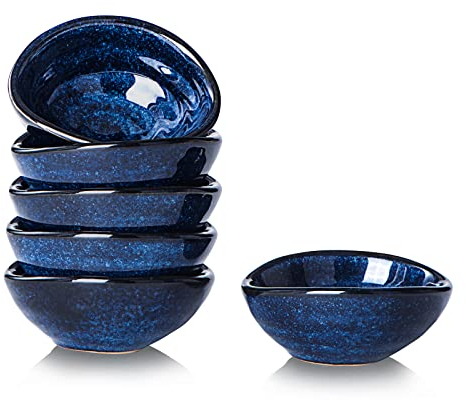vicrays Ceramic Dipping Sauce Bowls – Small Charcuterie Dip Cups Cooking Prep Condiment Oil Dish Mini Tapas Plates for Soy Sushi Salsas Wasabi Appetizer Dessert - Set of 6 Blue