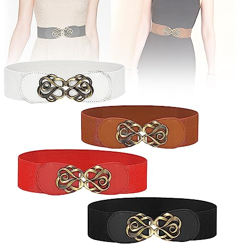 RMENOOR 4 Stück Gürtel Damen Breit Damengürtel Hüftgürtel 4 Farbe Elastischer Taillengürtel Vintage Stretchgürtel Breit Rose Bindegürtel Taille mit Schnallen Kleidgürtel Belt Ledergürtel für Kleid