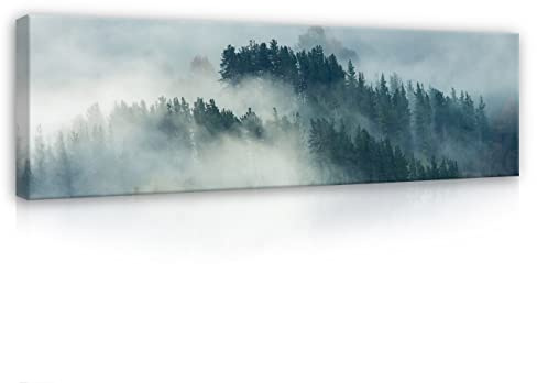 WallArena Leinwand Bilder 145x45 cm | Wald im Nebel Natur Landschaft, Leinwandbilder, Bild auf leinwand, Format: 145x45 cm (BxH) - einteilig auf Canvas