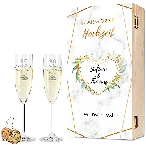 GRAVURZEILE Leonardo Sektgläser mit Gravur - Marmorne Hochzeit 90 Jahre - Personalisiert mit Namen & Datum inkl. Holzkiste - Geschenk zur Hochzeit Verlobung Jahrestag - Farbe: Sekt