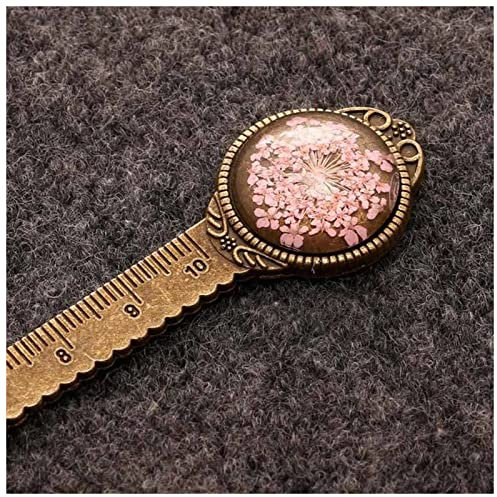 Lesezeichen 1 stücke Kreative Retro Bronze Runde Bookmark 10cm Lineal Vintage Metall Bunte Blumenglas Edelsteine als Buchseitenmarkierung Lesezeichen aus Metall (Size : Pink)