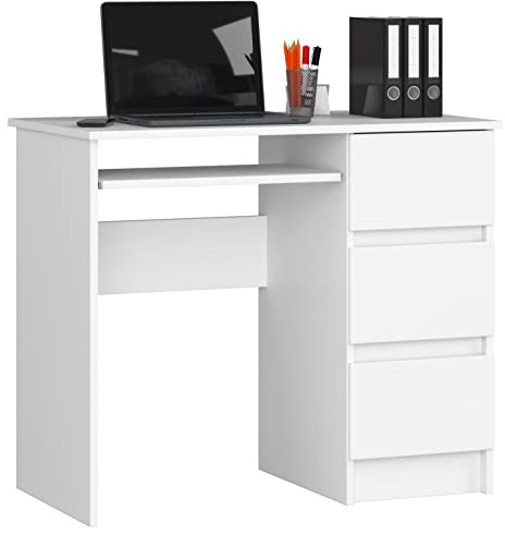 Home Collective Computertisch, Bürotisch, 3 Schubladen mit ausziehbarer Tastaturablage, Schreibtisch 90 x 50 x 77 cm, 16 mm Dicke, Abriebfeste Laminatplatte mit ABS-Kante, weiß