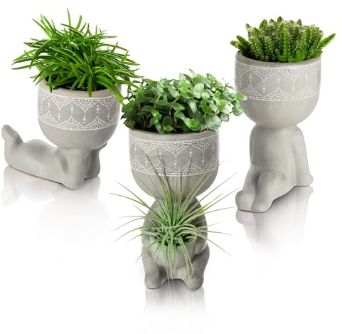 comforder – Blumentopf Set Beton, 3X Indoor & Outdoor Übertopf, Mini Blumentopf Gesicht und Füße für Balkon und Haus, ausgefallene Blumenübertöpfe Kopf für Sukkulenten, Kakteen, Setzlinge (Ø 6cm)
