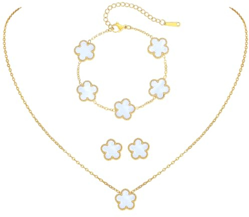 Myrnaist Kleeblatt-Schmuckset mit Blumendesign, vierblättriges Kleeblatt, Halskette für Frauen, Glücksklee-Armband, Ohrringe für Mädchen, 3-teilig, Kleeblatt-Schmuck im Blumenstil, Geschenk