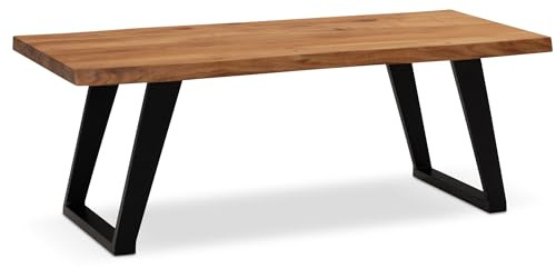 FineBuy Couchtisch 120x60x46 cm Akazie Massivholz/Metall Baumkante, Design Wohnzimmertisch Rechteckig, Sofatisch Stubentisch Braun, Kaffeetisch mit schwarzen Beinen in U-Form