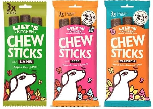 Lilys Kitchen Dog Treats, Chew Sticks Bundle, Grain Free Natural, Dental Dog Treats, Chicken, Lamb, Beef - Pack of 3x120g (Total of 9 Chews)