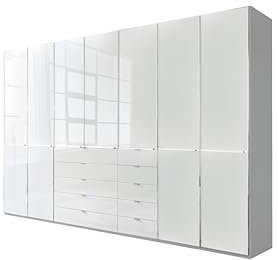 Drehtürenschrank mit 10 Schubkästen hochwertiger Kleiderschrank Schlafzimmerschrank 350cm breit, mit Schubladen, Glas Weiß, Höhe 236cm, Wiemann Shanghai