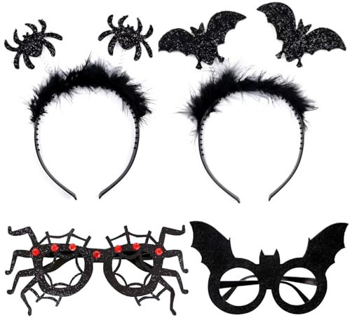 GoldRock Halloween Deko Haarreif Brillen Set, 4 Stk Haarreifen Brille Deko Halloween, Fledermaus Spinnen Deco Haarband, Fledermäuse Spinne Horror Deco, Helloween Kostüm Accessoires für Helloween Party