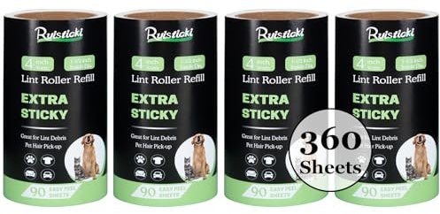 4 inch Lint Roller Refill for PetLovers Evercare Lint Rollers and More, Pack of 4 Extreme Stick Lint Roller Refill Rolls for Pet Hair, 90 Sheets per Refill, Total 360 Sheets (Inside Dia. 1-1/2 inch)