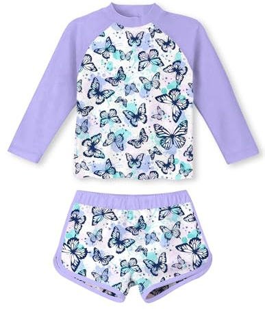 Girls Two Pieces Rash Guard Swimsuit 5t 6t Purple Butterflies Long Sleeve UPF 50+ Bathing Suit Quick Dry Breathable Swimming Sets for Kids Girl Size 6