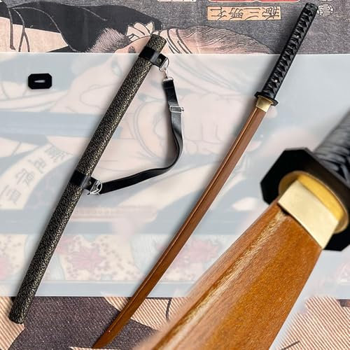 HJHUUA 103 cm natürliches Ipe-Katana,Eisenschutz,mit Massivholz umwickelte Lederscheide,handgefertigtes Bokken,hölzernes Samurai-Schwert für die Geschenkkollektion,dekoratives Cosplay-Kendo