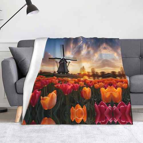 WZYWHJ Niederländische Windmühlen-Bild-Decken, Überwürfe – leicht, warm, bequem, weich, langlebig, für Zuhause, praktische Erholung im Freien