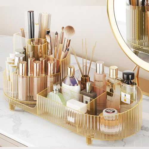 Suyoo 360° Rotating Makeup Organiser with Brush Holder,Large Capacity Cosmetic Display Case for Vanity,Countertop,Bedroom (Gold)