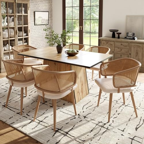 TIZZ Esstisch und Stühle Set (7 Stück), Holzmaserung Esstisch und Stühle Set, einzigartige Form Design, mit 6 Rattan zurück Stühle, PU-Leder umhüllt Kissen, stilvoll und einfach Haushalt Möbel