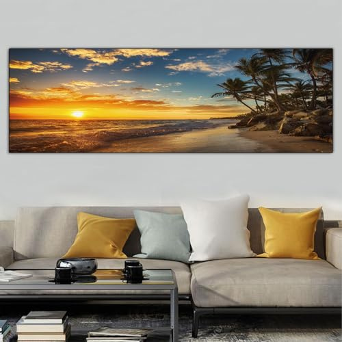 Leinwandbilder Berge Landschaft Natur,Moderne Panorama Bilder Groß XXL Schlafzimmer Wohnzimmer Wanddekoration Wandbild-Sonnenuntergang Meer Strand,Rahmenlos (D, 40x120cm, Ungerahmt)