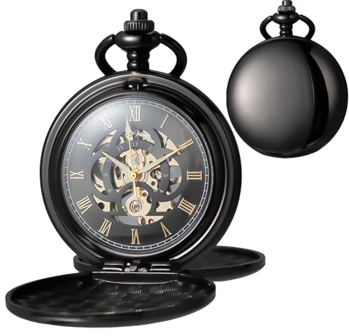 DerMacht Mechanical Pocket Watch with Black Chain Retro Smooth Classic Handwind Roman Numerals for Men & Women