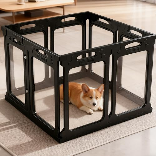Qoility Clear Acrylic Dog Playpen Indoor, Expandable Size & Flexible Shape, Ideal for Small & Toy Dogs, Black