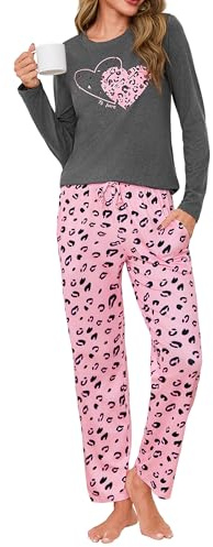 Uniexcosm Pigiama Donna Lungo, Donna Pigiama Due Pezzi Maniche Lunghe+Pantaloni con Tasca e Coulisse Regolabile Set Pigiama Donna Cotone Sleepwear Nightwear per Autunno Inverno