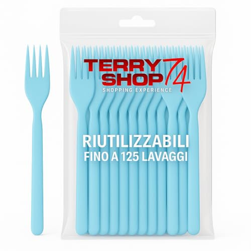 Terryshop74 Forchette Riutilizzabili Lavabili in Lavastoviglie Fino a 125 Volte – 7 Pollici – 6 Colori – Plastica Resistente – Varianti Coltelli e Cucchiai Bianchi (100, Forchette azzurre)