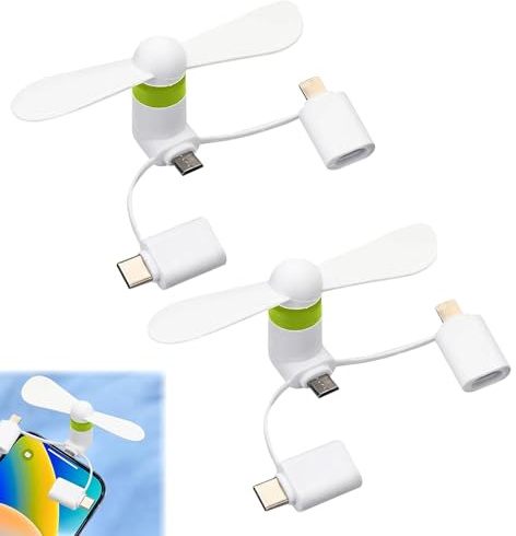 KARELLS 3-i-1 mini-mobiltelefonfläkt, mini-mobiltelefonfläkt, 2 st bärbar USB-fläkt, mobiltelefonfläkt för i-hone Type-C och Android, liten mobiltelefon (vit-2 st.)