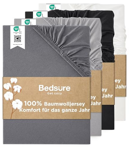 Bedsure Spannbettlaken 140x200cm Baumwolle Jersey - bis 40cm,Anthrazit-grau | Spannbetttücher mit Gummizug, für Boxspringbett , Wasserbett & Extra Hohe Matratzen, Atmungsaktiv & Weich, Waschbar, Oeko-TEX