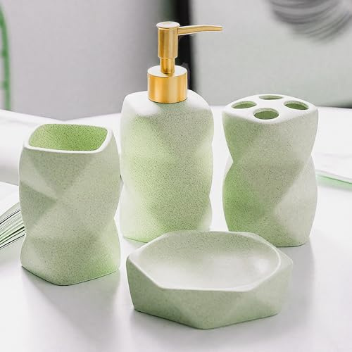 Badezimmer-Zubehör-Set, grünes Badezimmer-Zubehör-Set, Seifenspender, Zahnbürstenhalter, Becher, Seifenschale, modern, elegant, Badezimmer-Organizer, Keramik-Baddekor-Set (grün)