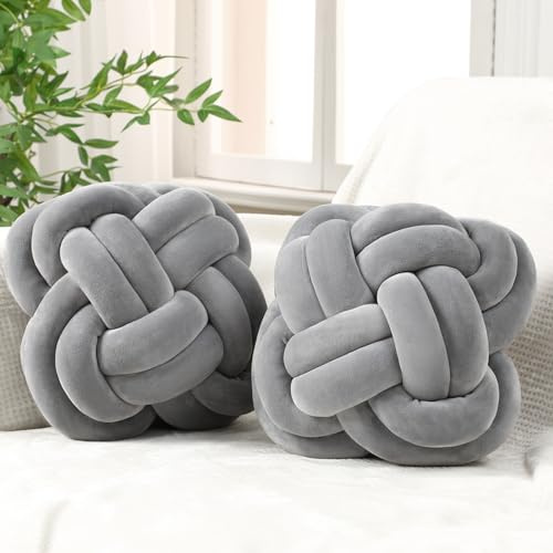Beeveer 2 Pcs Knot Pillow Balls Set, 12 Inch Soft Decorative Throw Knot Pillow Ball, Large Square Knotted Floor Cushion for Living Room Bedroom Sofa Couch Bed Home Decoration(Light Gray)