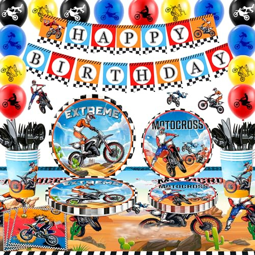 Motorcycle Birthday Supplies, 98pcs Motorcycle Birthday Decorations&Motorcycle Theme Party Tableware Set- Dirt Bike Party Plates and Napkins Cups & Banner Balloon etc Motocross Party Supplies for Boys