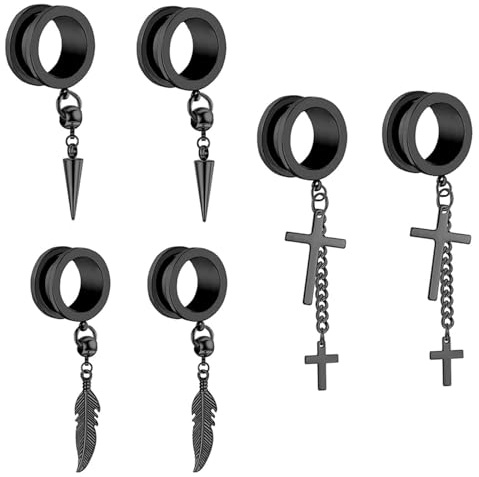 Skcess 6Pcs Ohr Tunnel mit Anhänger, Edelstahl Flesh Tunnel Set 6-16 MM Anhänger Feder Kreuzen mit Schraubverschluss Expander Ohr Plugs Piercing Ohrringe