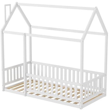 ALPHA Pine Wood Kids Bed Frame White House Scandinavian Style Children Bed Frame Single Bed for Bedroom Furniture, Mattress (WITHOUT) 90x190 cm