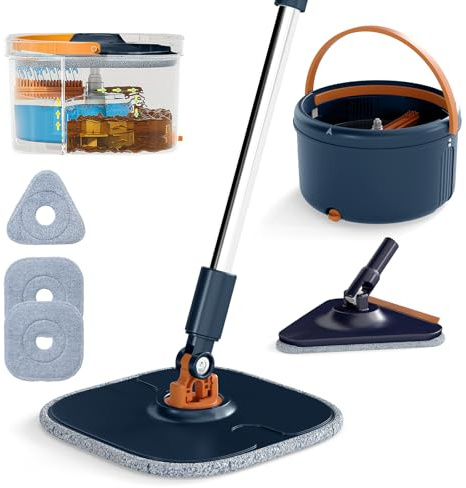 COSTWAY Ensemble Balai Serpillière Seau Essoreur, Têtes Plates Carrée Triangulaire Auto-essorantes, 3 Lingettes en Microfibre Lavables Réutilisable, Nettoyage Rapide (Plus Balai-2 Têtes)