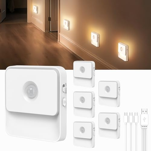 Nachtlicht mit Bewegungsmelder 6 Stück Aufladbar Akku LED Lampe mit Bewegungsmelder Innen Licht Dimmbar Helligkeit Warmweiß LED Nachtlampe Batterie Treppenlicht für Kinderzimmer, Gang, Treppe, Küche
