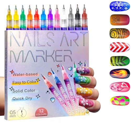 BeepWell 12 Farben Nail Art Pen Set – Nagellackstifte für Nägel, Nail Art Marker & Nagellack Stift für Gel & Acryl, Extra Feine Spitze, Schnell Trocknend & Wasserfest